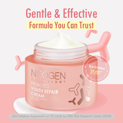 Neogen Dermalogy Probiotics Youth Repair Skin Cream Face Lotion w/Superprobiotics, Collagen & 11 Peptides Skin Repair Cream 1.76 oz