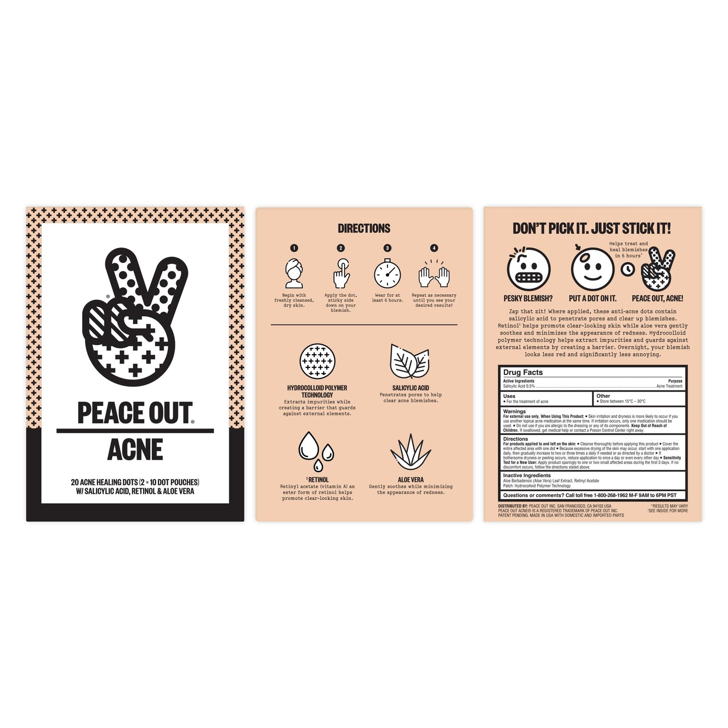 PEACE OUT Acne Day & Night Duo, Invisible Acne Patches for Day + Healing Overnight Acne Treatment, Clear Blemishes Fast with 2% Salicylic Acid, Retinol & Aloe Vera, 20 Dots