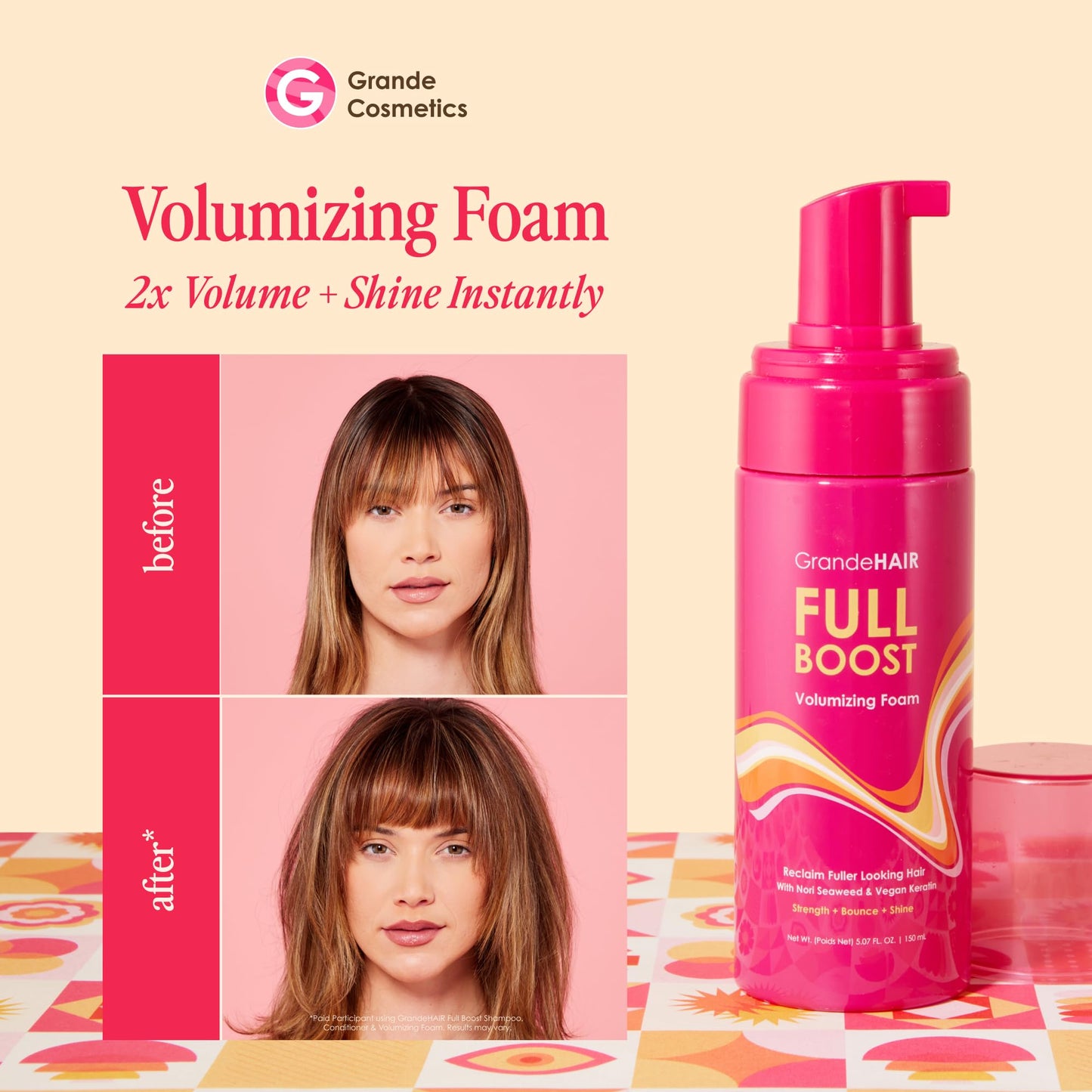 Grande Cosmetics Volumizing Hair Foam For Instant Volume, Body & Fuller Looking Hair, Hair Mousse for Curly Hair, Defines Curls, Non-sticky