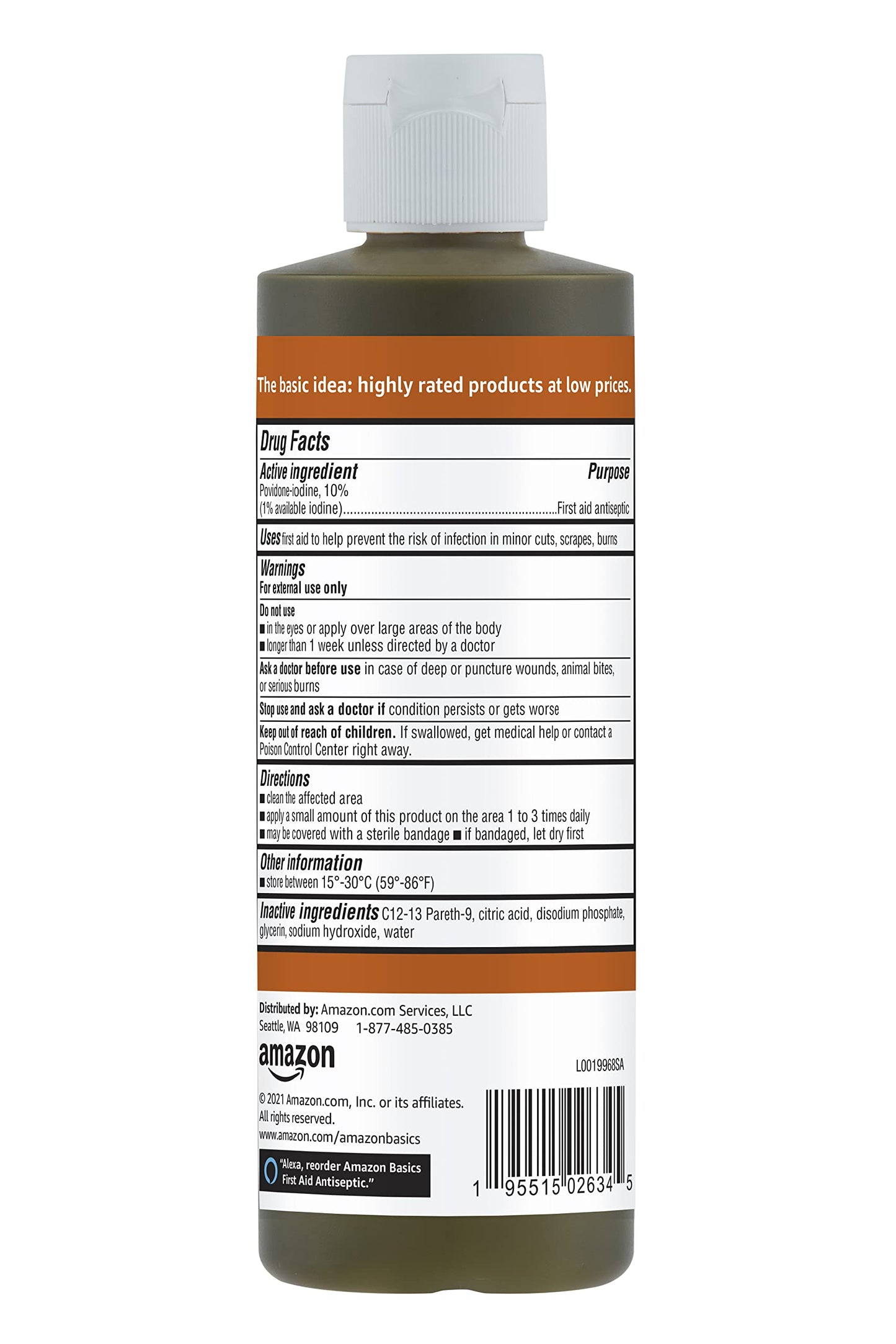 Amazon Basics First Aid Antiseptic, 10% Povidone Iodine Solution, 8 Fl Oz, Pack of 4
