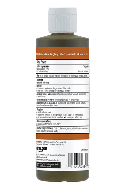 Amazon Basics First Aid Antiseptic, 10% Povidone Iodine Solution, 8 Fl Oz, Pack of 4