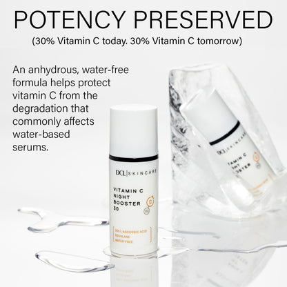 DCL Skincare Vitamin C Night Booster 30, 30% L-Ascorbic Acid for Overnight Collagen Support, 1 fl oz