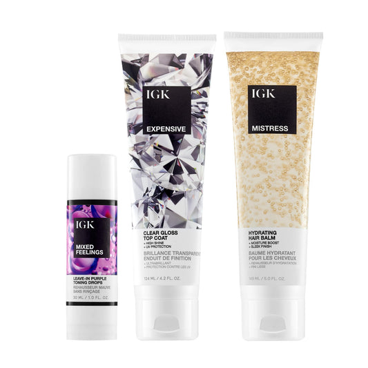 IGK Mixed Feelings Leave-In Blonde Toning Drops + Expensive Shine Gloss Treatment + Mistress Hydrating Hair Balm – Blonde Tone Maintenance, Shine & Hydration Trio – Vegan & Cruelty-Free