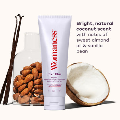Womaness Coco Bliss Vaginal Moisturizer - Hydrating Coconut Cream for Vaginal Dryness - Non-Sticky Vulva Cream for External Intimate & Body Care - Estrogen & Hormone-Free Formula for Women - 4oz