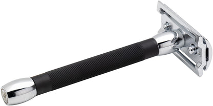 MERKUR 20C Double Edge Safety Razor, Long Handle, Black Anodized Aluminum & Bright Chrome Finish, Three-Piece Design, Closed Comb Straight Bar, Made in Germany
