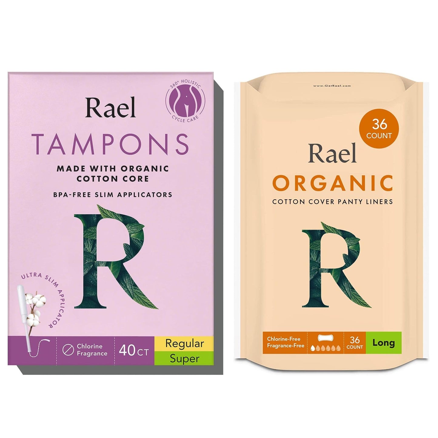 Rael Bundle - BPA Free Slim Applicator (Regular & Super, 40 Count) & Organic Cotton Cover Liners (Long, 36 Count)