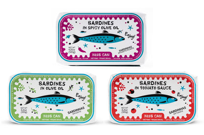 Miss Can Sardine Nation Variety Pack | Premium Tinned Sardines in Olive Oil, Tomato Sauce, Spicy Olive Oil | Sustainably Caught | Hand-Packed in Portugal | Authentic & Natural Flavors | 3 4.2oz Tins