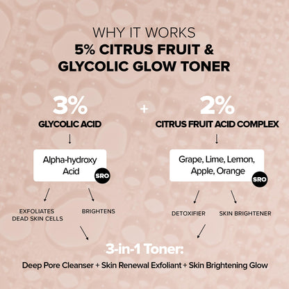 Nudestix 5% Citrus Fruit & Glycolic Glow Toner – Exfoliating Facial Toner with AHAs, Hyaluronic Acid & Fruit Acids for Bright, Smooth Skin