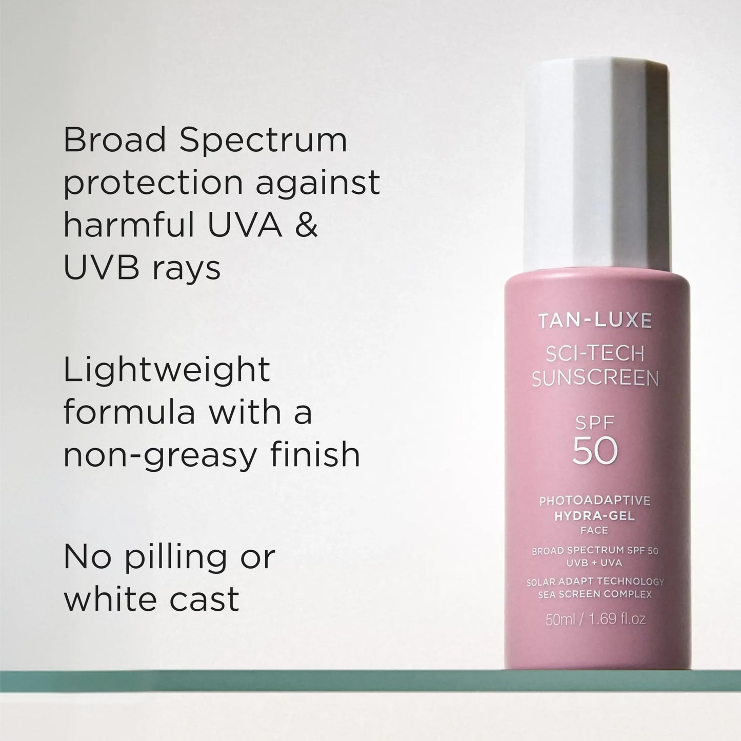 Tan-Luxe Sci-Tech Sunscreen, Lightweight Photoadaptive Hydra-Gel Face Sunscreen, Clear, Non-Greasy, Broad Spectrum UVB & UVA Protection, Vegan & Fast-Drying, 1.69 fl. oz/50 ml Bottle