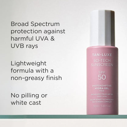 Tan-Luxe Sci-Tech Sunscreen, Lightweight Photoadaptive Hydra-Gel Face Sunscreen, Clear, Non-Greasy, Broad Spectrum UVB & UVA Protection, Vegan & Fast-Drying, 1.69 fl. oz/50 ml Bottle