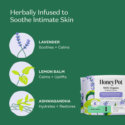 Honey Pot - Calming Long Panty Liners for Women - 100% Organic Cotton Top Sheet - Feminine Care - Non Cooling - Calming Herbs of Lavender, Ashwagandha, & Lemon Balm - 30ct