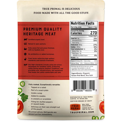 True Primal Grass-fed Beef Mini Meatballs 8-pack. Ready to eat. 1/4 lb fully cooked beef per pouch. Gluten free. Grain free. Paleo. Keto. Carnivore. Organic. Whole30. AIP.