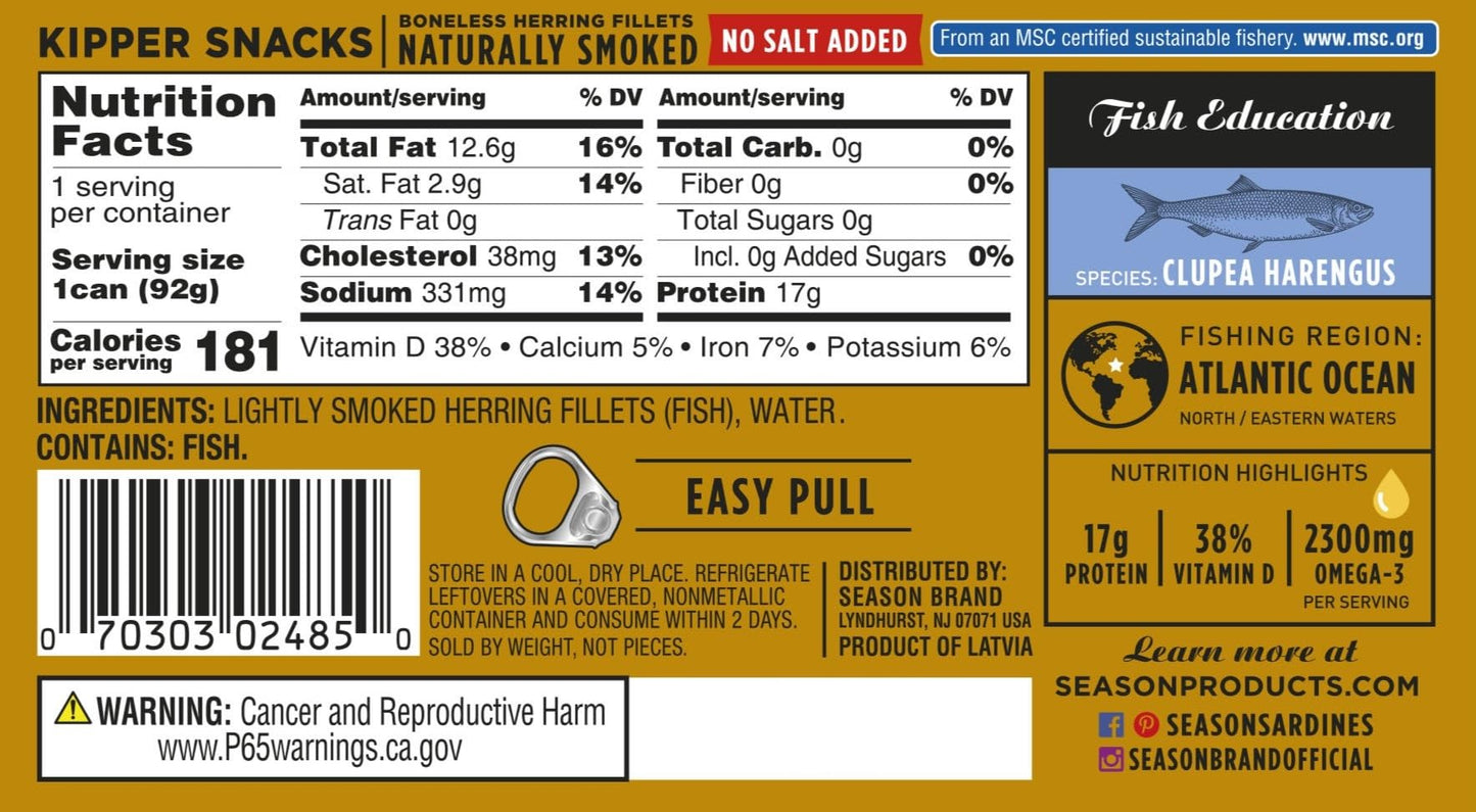Season Kipper Snacks - Boneless Herring Fillets, No Salt Added, Naturally Smoked, Wild Caught, Keto Snacks, Certified Sustainable Seafood, Non-GMO, 18g of Protein - 3.25 Oz, 12-Pack