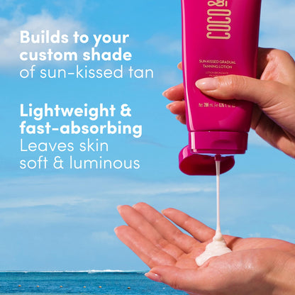 Coco & Eve Sun-kissed Gradual Tanning Lotion - Natural Sunless Moisturizing Tanner with 72H Hydration & Streak-Free, Buildable Glow. Skincare-Infused with Antioxidants and Hyaluronic Acid (6.76 fl oz)