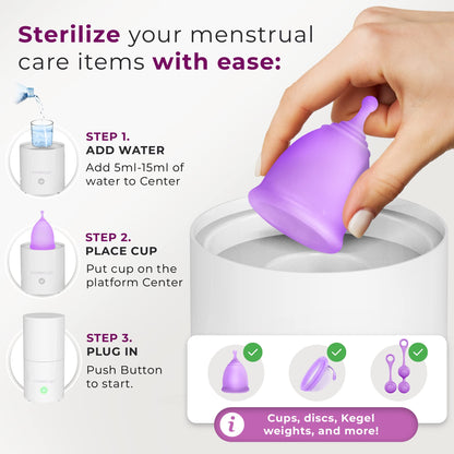 Menstrual Cup Sterilizer - Modern Menstrual Cup Cleaner Unscented Sanitizer - 2-Minute Automatic Steam Wash - Holder Fits Small Soft & Large Period Disc - 99.9% of Germs (Steamer + Cups)
