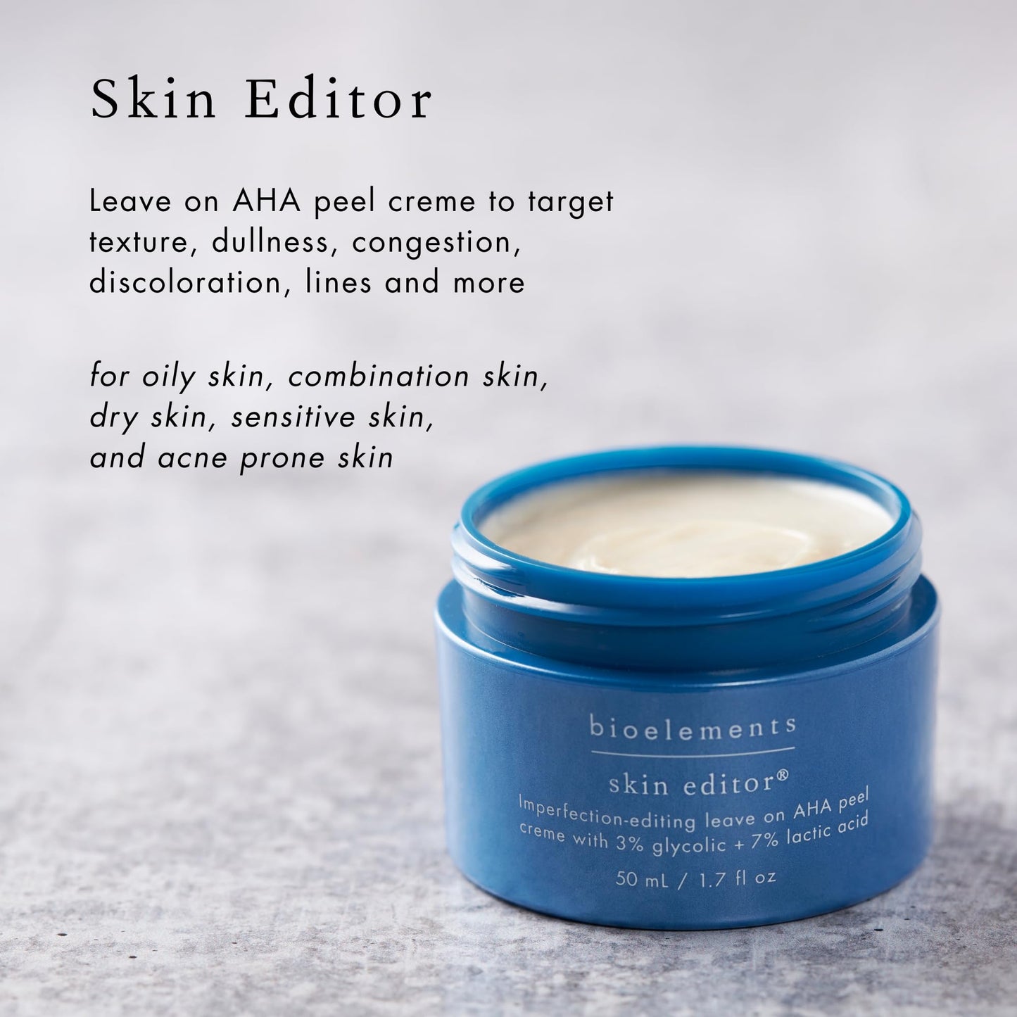 Bioelements Skin Editor - 1.7 fl oz - Leave-On AHA Chemical Face Peel Cream for All Skin Types - With 3% Glycolic Acid & 7% Lactic Acid - Vegan, Gluten Free - Never Tested on Animals