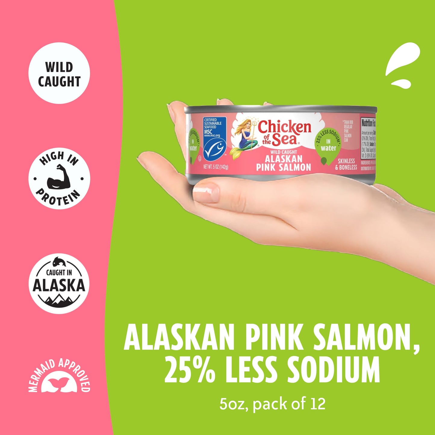 Chicken of the Sea Alaskan Pink Canned Salmon in Water with 25% Less Sodium, 5oz Cans, 12-Count – High Protein Skinless, Boneless Wild Caught Salmon – Delicious Wild Salmon for Burgers, Pasta, More