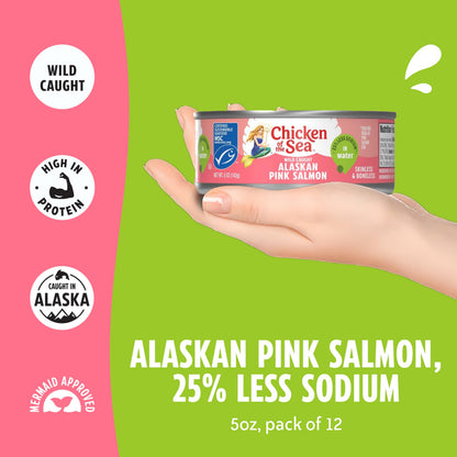 Chicken of the Sea Alaskan Pink Canned Salmon in Water with 25% Less Sodium, 5oz Cans, 12-Count – High Protein Skinless, Boneless Wild Caught Salmon – Delicious Wild Salmon for Burgers, Pasta, More