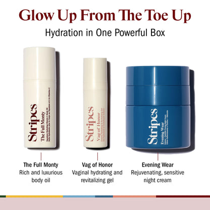STRIPES Beauty Naomi Watts Glow Up The Toe Up Holiday Gift Set Full Size Night Cream With Gentle Retinoid Travel Size Moisturizing Body Oil Soothing Gel Intimate Area Dryness