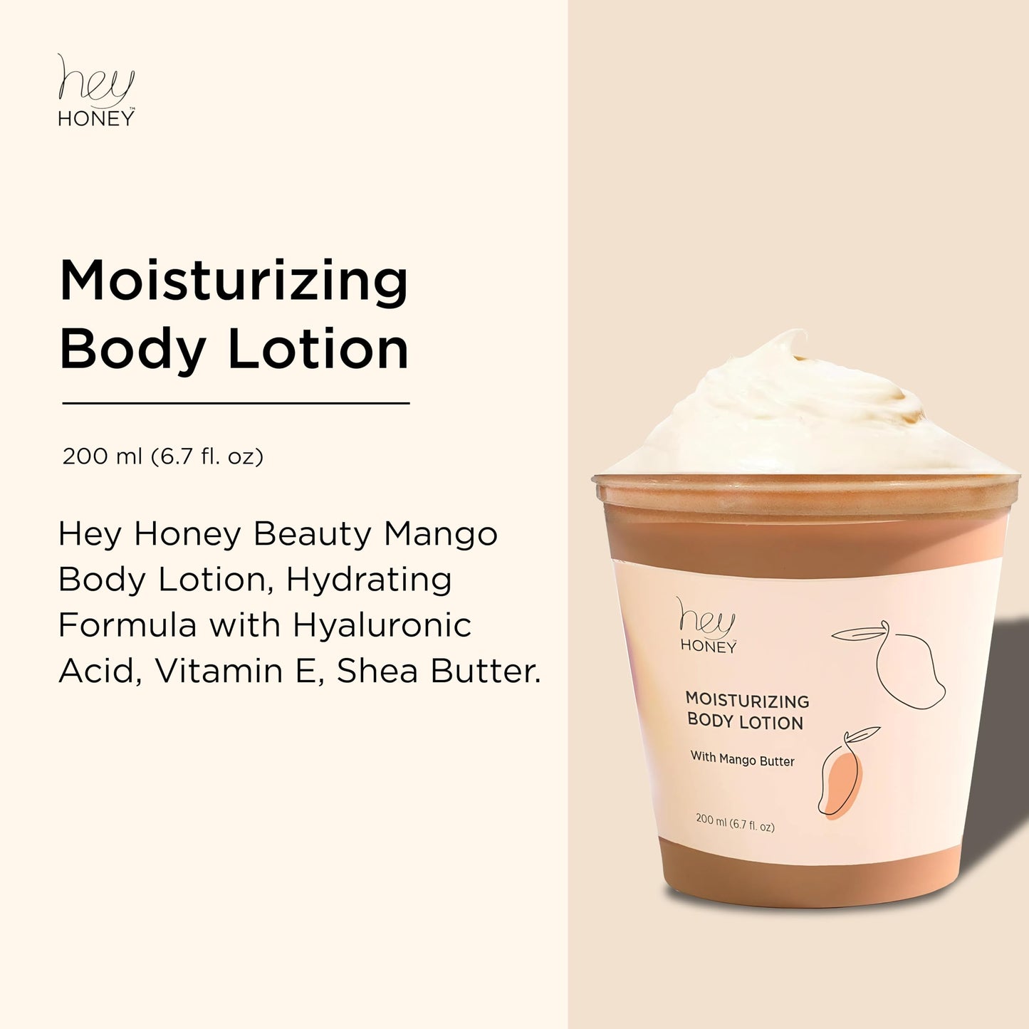 Hey Honey Skin Care Mango & Honey Water-Free Body Lotion - Hyaluronic Acid, Ceramides & Barrier Repair for Hands, Elbows & Dry Sensitive Skin | 24-Hr Hydration, Fruit Enzymes, Cruelty-Free | 6.7 oz
