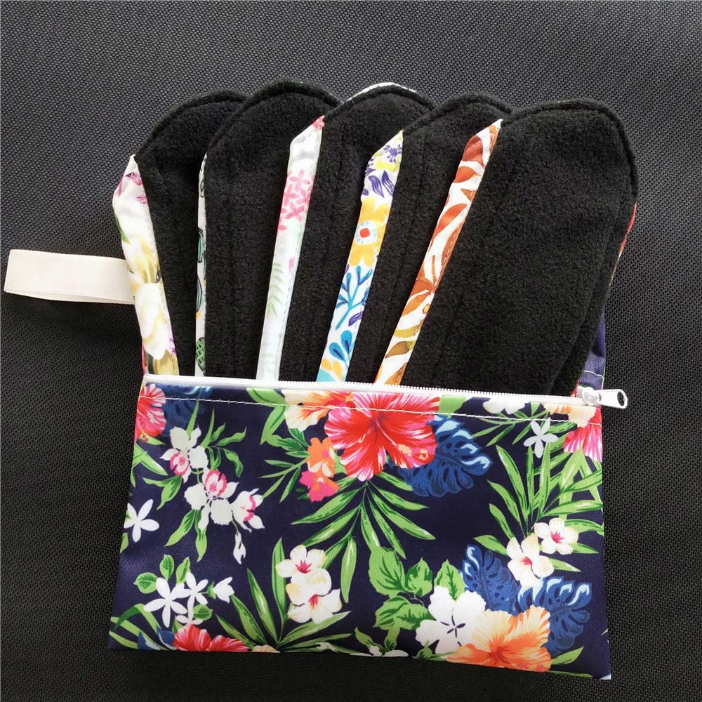 7pcs/Set Reusable Menstrual Pads Including 1pc Mini Wet Bag +6pcs Bamboo Charcoal Cloth Menstrual Incontinence Pads/Reusable Sanitary/Mama Panty Liners (All Randomly Prints)