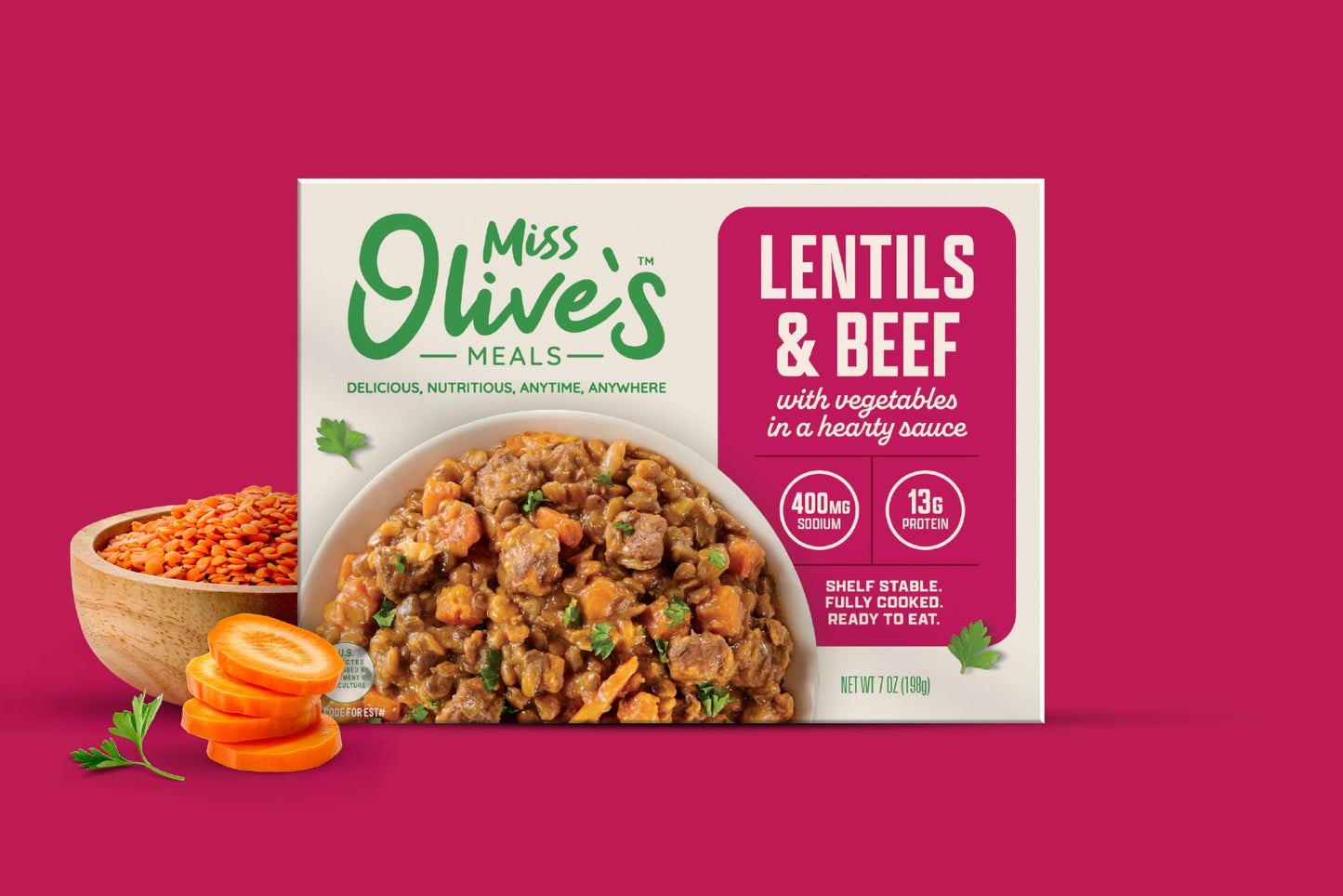 Miss Olive’s Lentil & Beef with Vegetables Ready Meal, Lower Sodium, Shelf Stable Heat & Eat Entrée in Hearty Sauce, 7 oz (Pack of 3)