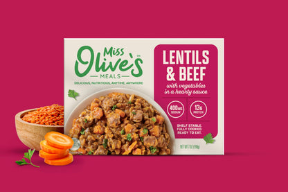 Miss Olive’s Lentil & Beef with Vegetables Ready Meal, Lower Sodium, Shelf Stable Heat & Eat Entrée in Hearty Sauce, 7 oz (Pack of 3)