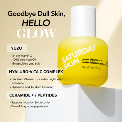 Saturday Skin Yuzu Vitamin C Serum-Brightening Hydrating Anti-Aging Serum with Hyaluronic Acid Peptides Niacinamide Plumping Glass Skin for Uneven Tone Dark Spots Korean Skin Care (50 ml)