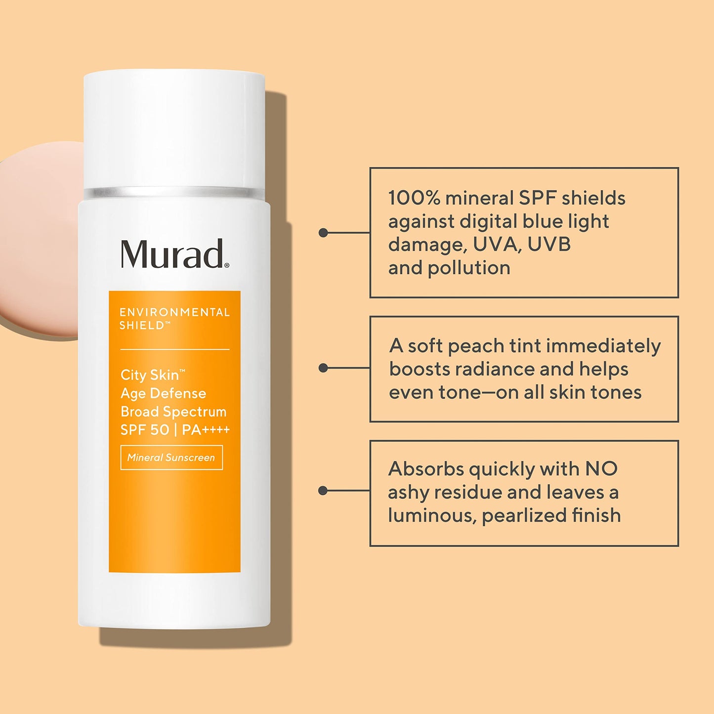 Murad Environmental Shield City Skin Age Defense Broad Spectrum SPF 50 PA++++ – 100% Mineral Sunscreen with Lutein & Iron Oxides for Blue Light Defense, UVA/UVB & Pollution Protection
