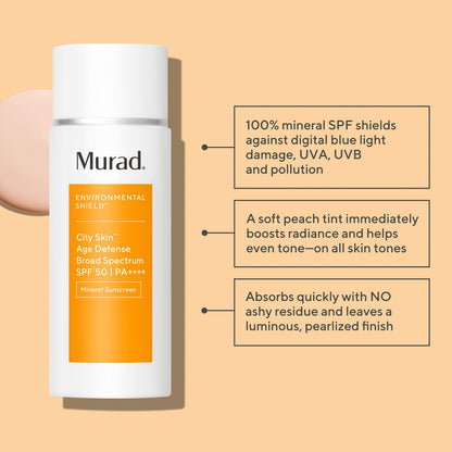 Murad Environmental Shield City Skin Age Defense Broad Spectrum SPF 50 PA++++ – 100% Mineral Sunscreen with Lutein & Iron Oxides for Blue Light Defense, UVA/UVB & Pollution Protection