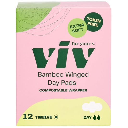 Viv for Your V Bamboo Organic Pads for Women | Soft, Thin, Absorbent Sanitary Pads with Wings | Unscented, Earth-Friendly | Postpartum Gift for Mom | Regular Absorbency (12 Pack)