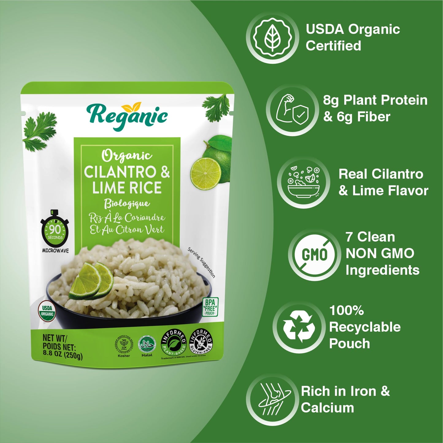 Reganic Cilantro & Lime Rice Pouch, USDA Organic, Zesty Global Flavor, 8g Protein & 6g Fiber, Made with 7 Organic Ingredients, Always Fluffy, Ready in 1.5 Minutes, Vegan Gluten-Free Non-GMO, 8.8 oz Pack of 6