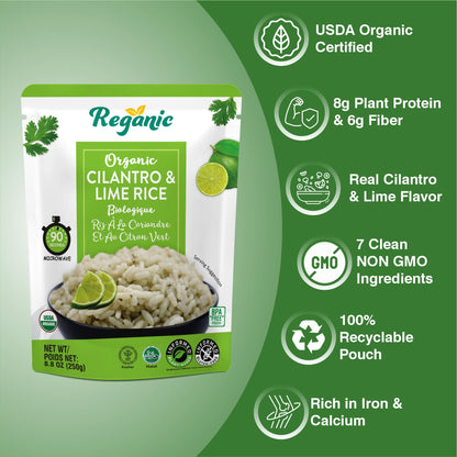 Reganic Cilantro & Lime Rice Pouch, USDA Organic, Zesty Global Flavor, 8g Protein & 6g Fiber, Made with 7 Organic Ingredients, Always Fluffy, Ready in 1.5 Minutes, Vegan Gluten-Free Non-GMO, 8.8 oz Pack of 6
