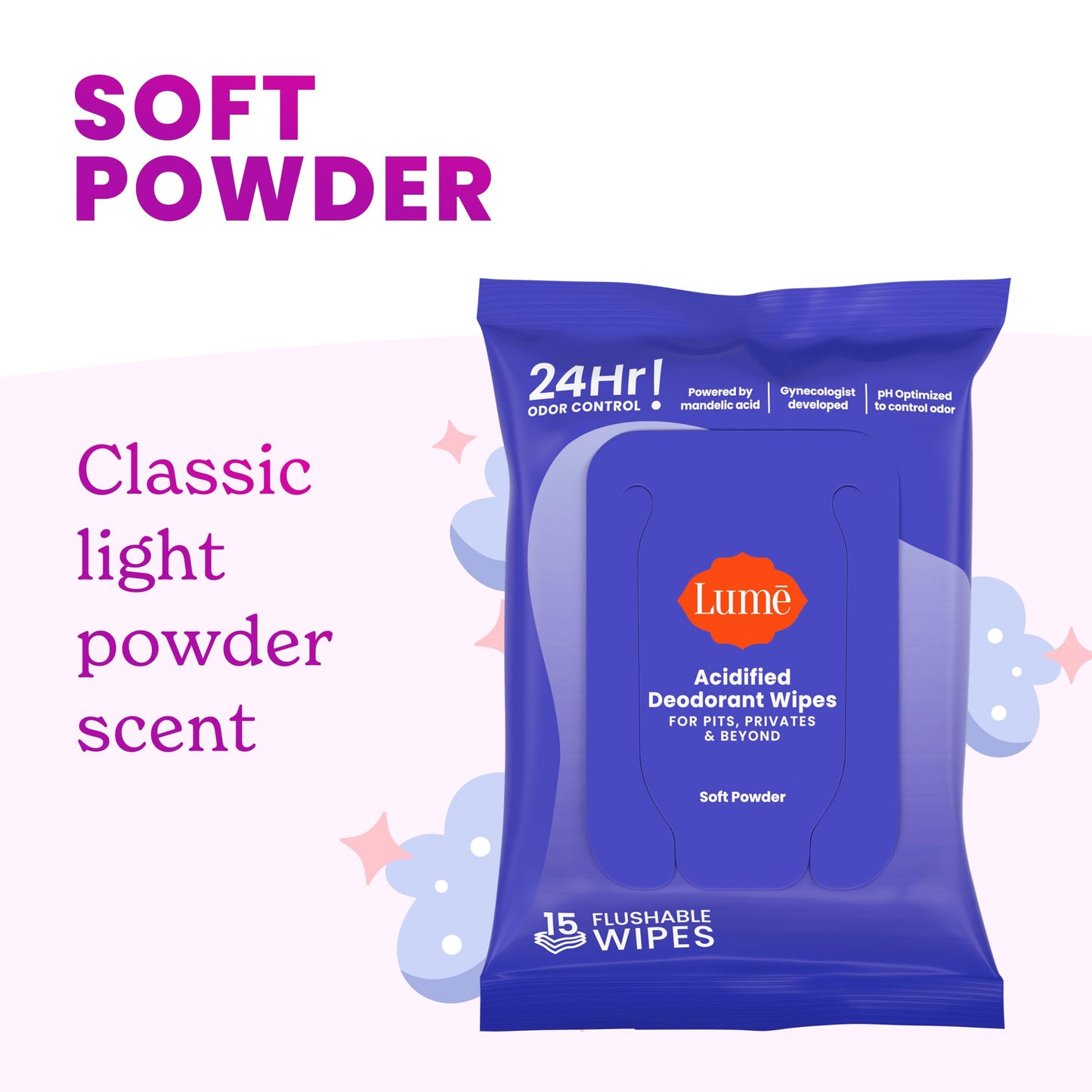 Lume Acidified Deodorant Wipes - 24 Hour Odor Control - Whole Body Deodorant Wipes - Aluminum Free, Baking Soda Free, Skin Loving - Flushable - 15 Count - 3 Pack (Soft Powder)