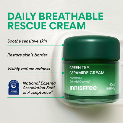innisfree Green Tea Ceramide Cream, Hydrating Rescue Cream for Dry, Sensitive, and Eczema Prone Skin