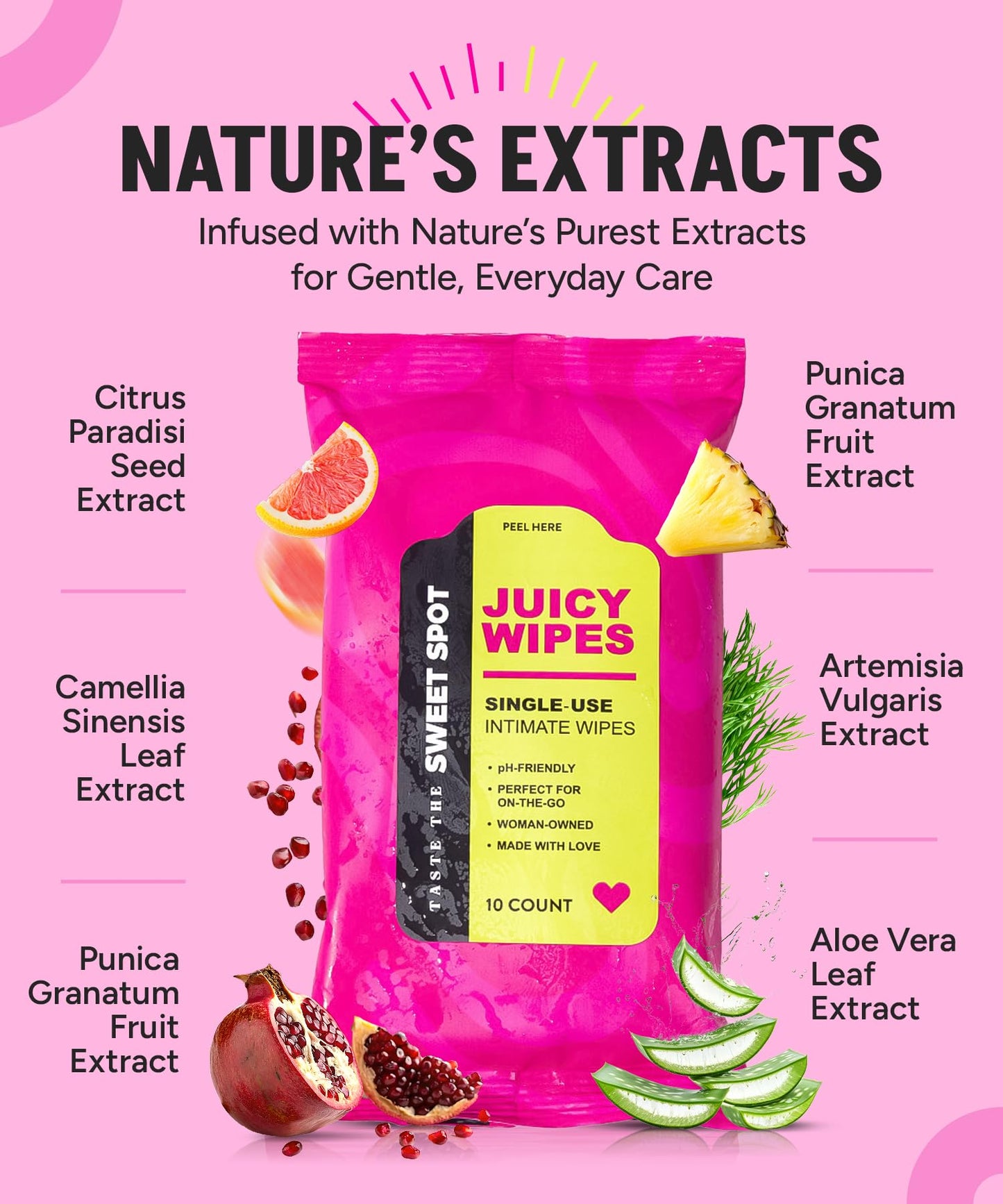 SWEET SPOT Flushable Feminine Wipes for Odor Control, pH Balance - Paraben-Free & Vegan, Intimate Wipes with Aloe Vera & Botanical Extracts - Ideal for Periods, Gym & Travel - 10ct