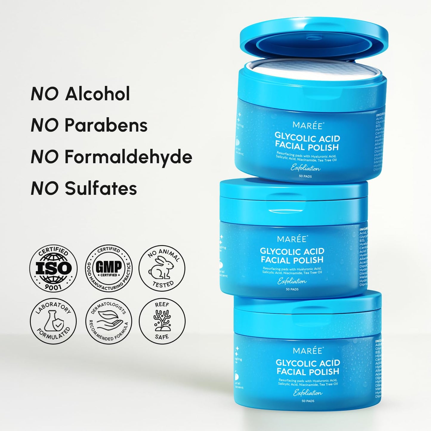 MAREE Glycolic Acid Pads - Toner Pads for Face Cleansing - Exfoliating Pad with Tea Tree Oil, Salicylic Acid & Vitamins E, B3, B5 - Acne Clearing, Skin Pore Resurfacing & Radiance Device - 50 Count
