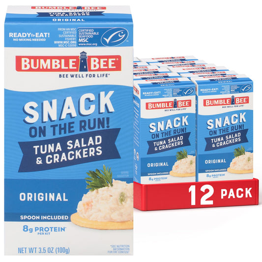 Bumble Bee Snack On The Run! Protein Snack Pack - 8g Protein per Box - Original Tuna Salad with Crackers Kit - Ready to Eat Easy-Open Can - Wild Caught MSC-Certified Tuna (Pack of 12)