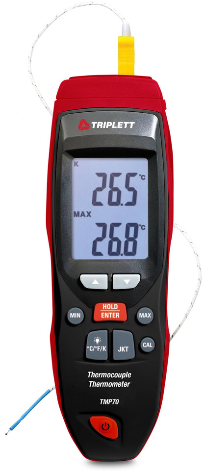 Triplett TMP70 Single Input Type K, J, T Thermocouple Thermometer, -418 to 2502°F, HVAC Temperature Gauge with Data Hold, MAX/MIN