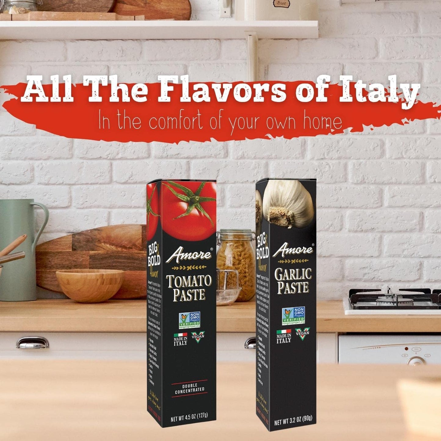 Amore Crowd Favorite - Garlic Paste (3.2oz) & Tomato Paste (4.5oz) in a Tube, Vegan, Non GMO Verified (Variety 2 Pack)