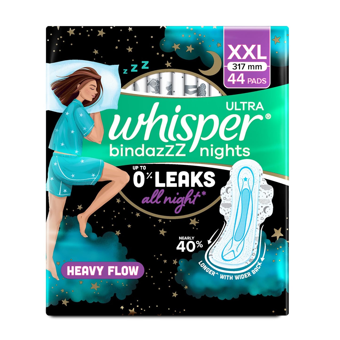 Whisper Ultra Night Sanitary Pads for Women, XL+ 44 Napkins