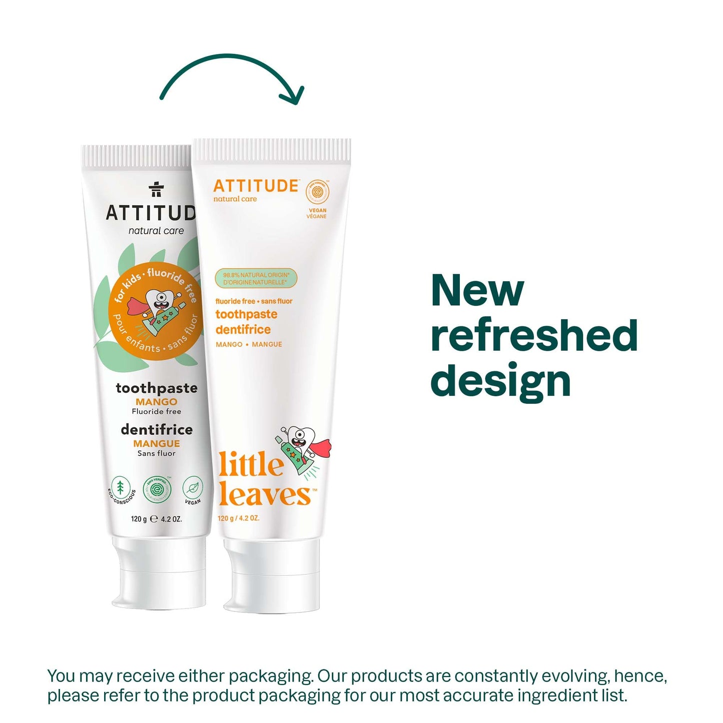 ATTITUDE Kids Fluoride-Free Toothpaste, EWG Verified, Plant- and Mineral-Based Ingredients, Vegan, Sugar-Free, Mango, 4.2 Oz