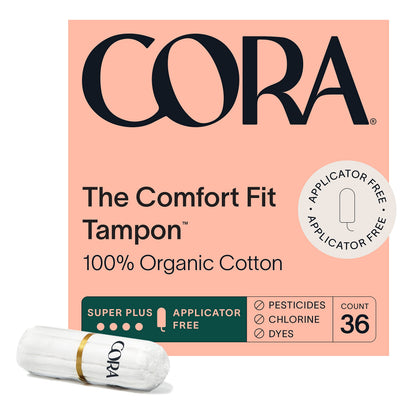 Cora 100% Organic Cotton Non-Applicator Tampons | Ultra-Absorbent, Unscented, Natural, Non-Toxic, Applicator Free | Eco-Conscious S/S+ (72 S/S+ Tampons)