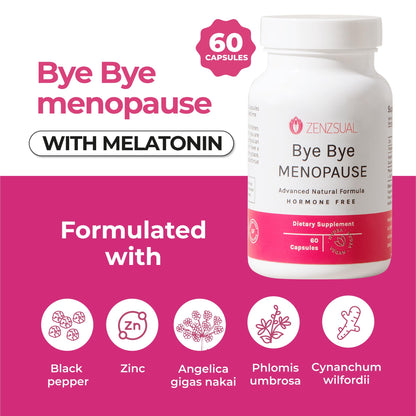 ZENZSUAL Bye Bye Menopause with Melatonin – Natural Menopause Support for Women – Hot Flashes, Night Sweats, Hormone Balance & Restful Sleep – Vegan, Estrogen-Free Menopause Supplement – 60 Capsules