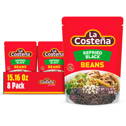 La Costeña Refried Black Beans - 60 Second Microwave Ready to Eat Meals for Mexican Food, Mexican Rice, Nacho Bean Dip, Bean Burrito, Burger, Carne Asada, Fajita & Taco Seasoning - 15.16oz, 8 Pack