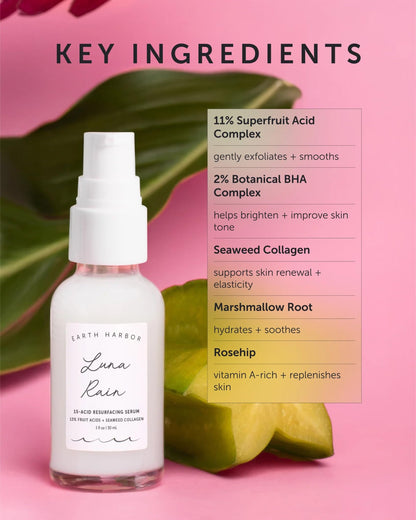 Earth Harbor | LUNA RAIN Phyto-Resurfacing Night Serum - Improves Skin Texture & Tone | Purely Natural & Cruelty-Free | Superfruit Acids + Seaweed Collagen |1 fl oz