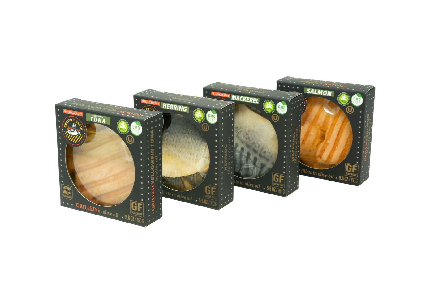 Grilled Catch Canned Fish Variety Pack – Wild Caught Mackerel, Grilled Salmon, Yellowfin Tuna & Herring in Olive Oil, Kosher, Gluten Free, High Protein