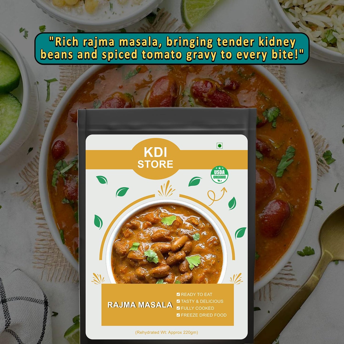 KDI Store Rajma Masala, Ready to Eat Indian Red Kidney Beans Curry, USDA Organic, Fully Cooked, Freeze Dried, 55g