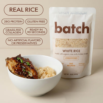 Batch – Organic Protein Rice with Collagen – 28g Protein per Bag, Ready in 90 Seconds, Microwavable Long-Grain White Rice, Grass-Fed Bovine Collagen, Gluten-Free, Made in USA – Unseasoned (2 Pack)