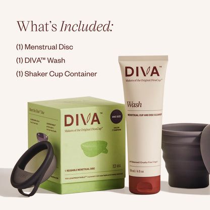 Diva Disc, Wash & Shaker Combo Pack - Comfortable, Reusable Menstrual Disc with Leakproof Shield - with Cleanser - Shaker for On-The-Go Cleansing - Size Fits Most